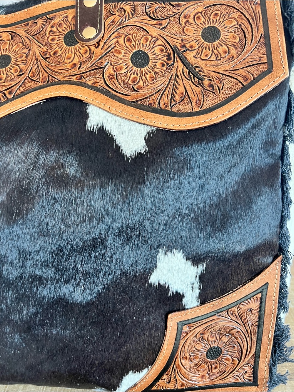 Myra Bag Cowhide Weekender Tooled Leather XL Boho Travel Duffel Western Carry On - Picture 9 of 12